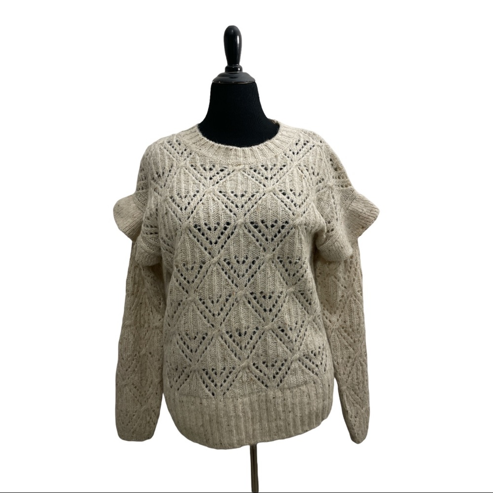 Cream Speckled Knit Ruffle Sleeve Sweater